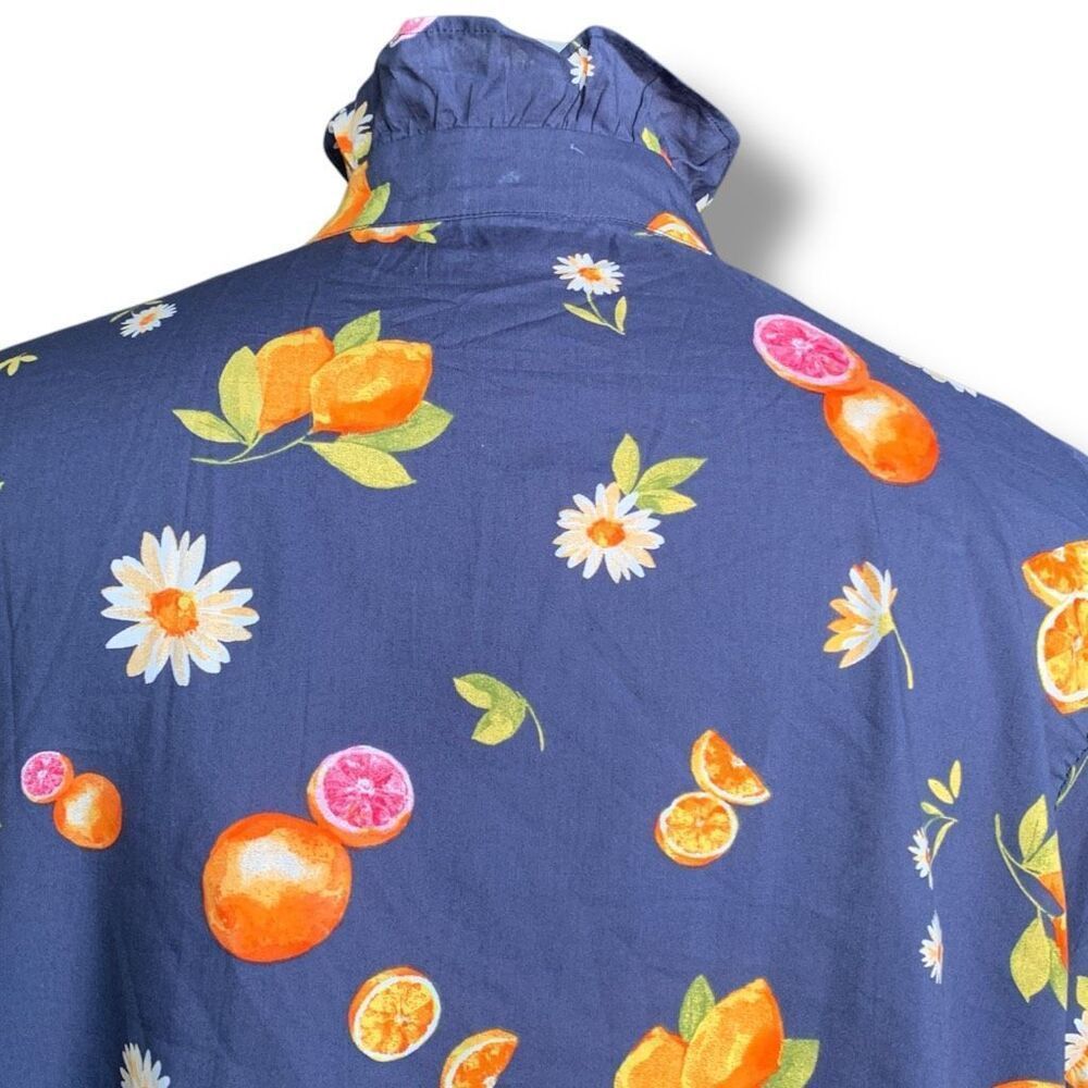 Wayward Fancies eShakti Navy Blue Citrus Print Button-Down Blouse Ruffled Collar - Picture 5 of 9